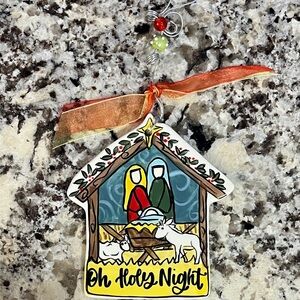 Hand-Painted Nativity Ornament - Red, Green, Yellow - Oh Holy Night